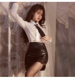 FEE ET MOI - Deep V Allure Backless Secretary Outfit (White - Black)